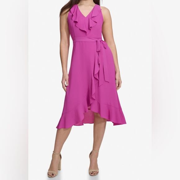 Kensie Women's Ruffled Tie-Waist Faux-Wrap Dress Fuchsia Sz 10 NWT - Picture 1 of 9